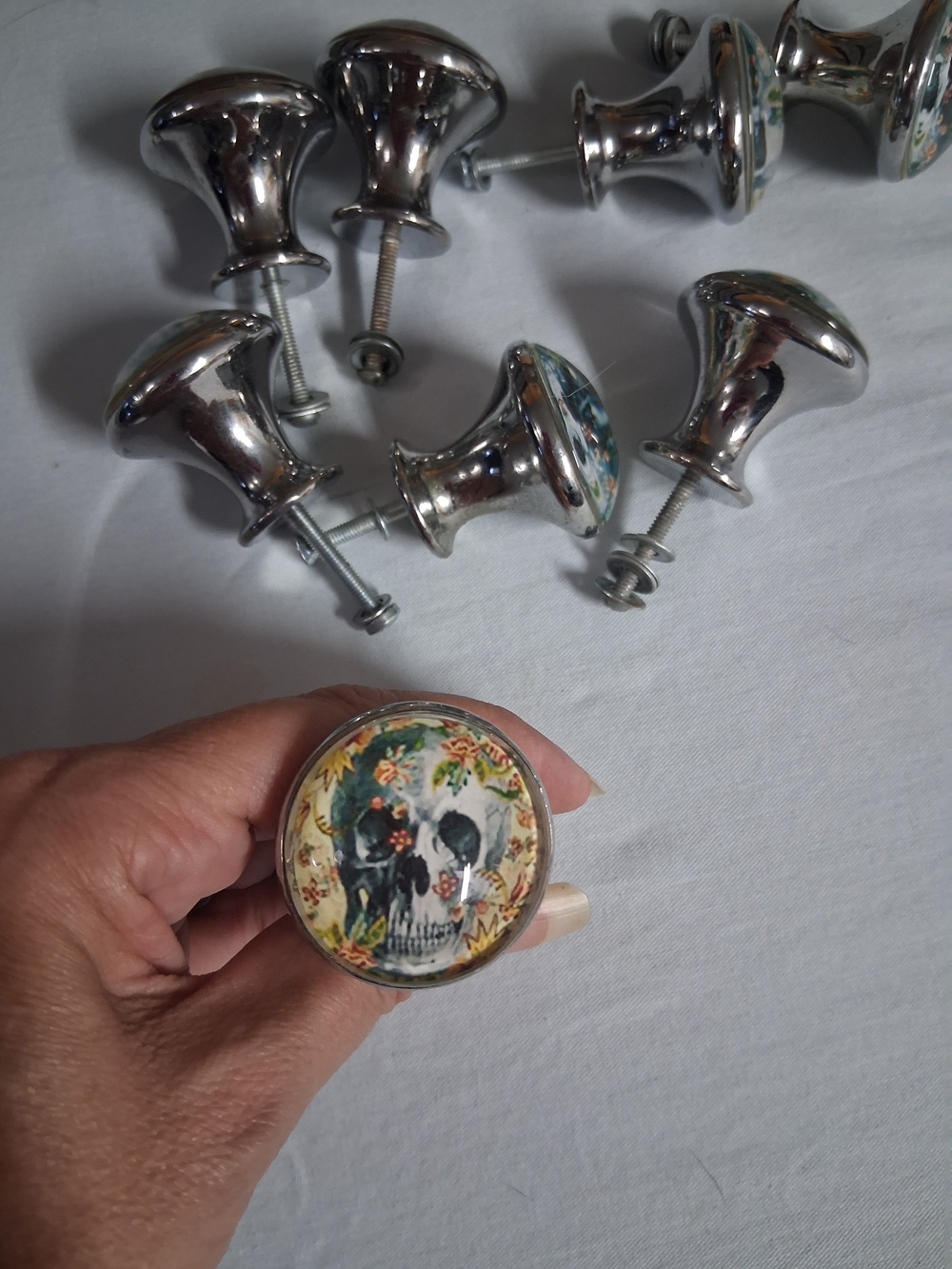 9 Count Skull Floral Ceramic Drawer Knobs - Silver Accent